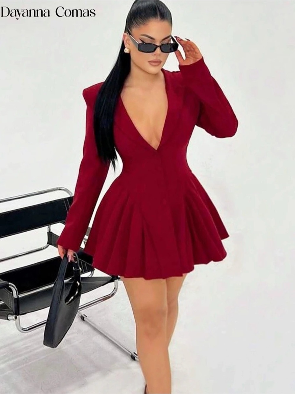 Dayanna Comas Women's Elegant Sexy Office Lady Deep V Neck Long Sleeve Top Mini